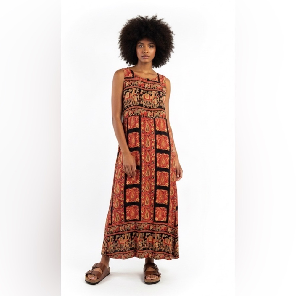 VINTAGE BOHO GYPSY ELEPHANTS CAMELS MAXI DRESS PAISLEY LARGE - Picture 1 of 7